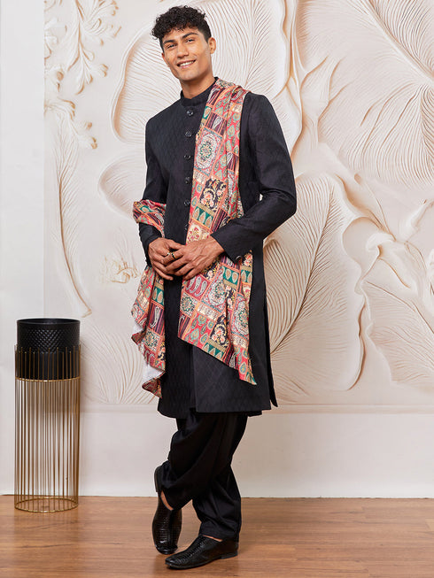 Men's Black Silk Blend Sherwani, Kurta And Patiala Set